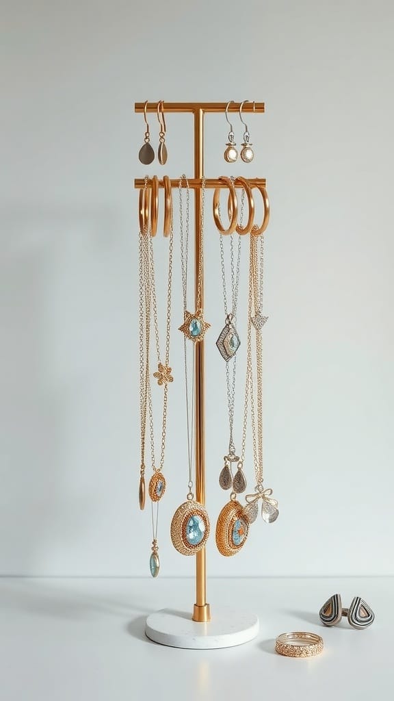 A tiered jewelry stand displaying various necklaces, earrings, and rings in a stylish arrangement.
