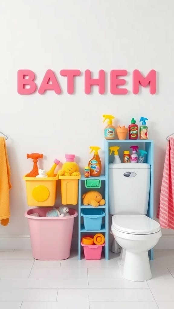 Colorful bathroom storage for kids with toys and cleaning supplies