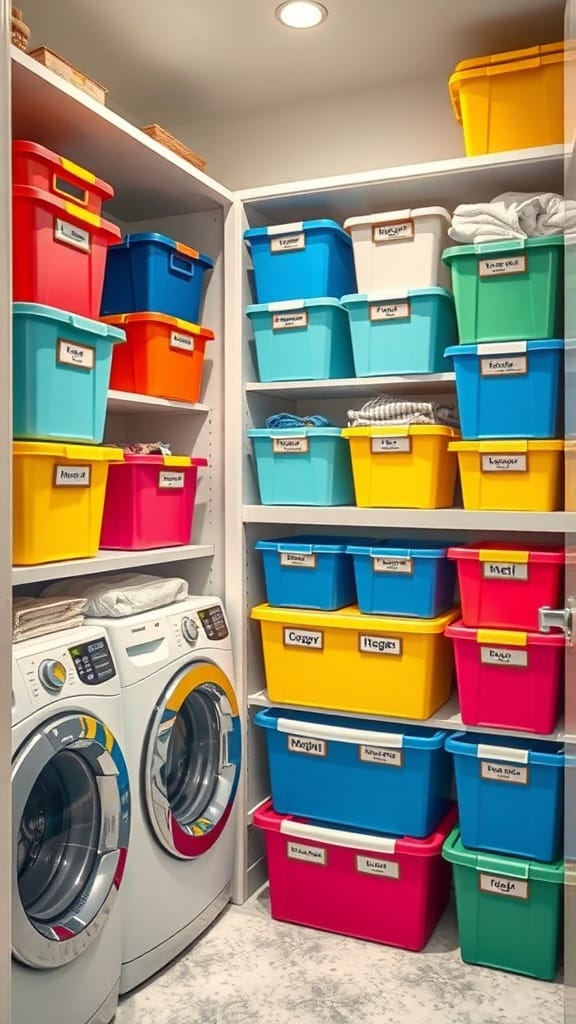 25 Creative Laundry Room Organizing Ideas to Maximize Space 7 A laundry room with colorful storage bins neatly arranged on shelves.