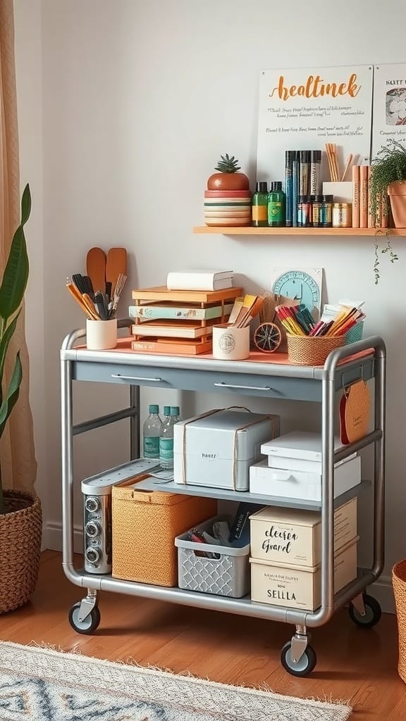 A rolling cart filled with craft supplies, including colorful pens, notebooks, and storage boxes, set against a bright wall.