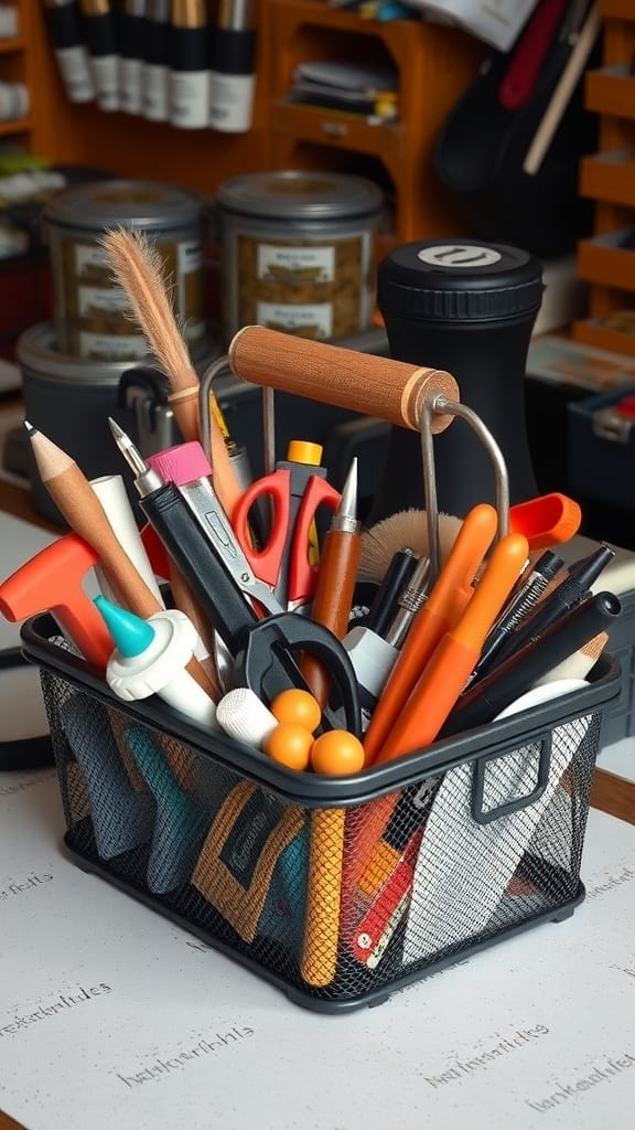 A black mesh caddy filled with various craft supplies like scissors, pencils, and glue.