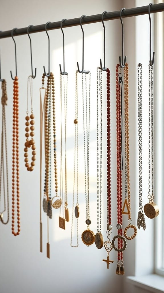A hanging jewelry display featuring various necklaces on hooks.