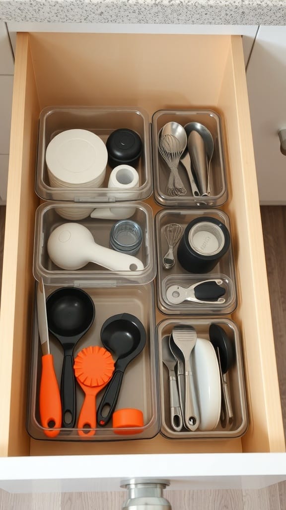 23 Brilliant Kitchen Drawer Organizing Ideas You Need to Try 9 Organized kitchen drawer with stackable containers holding various utensils and tools.