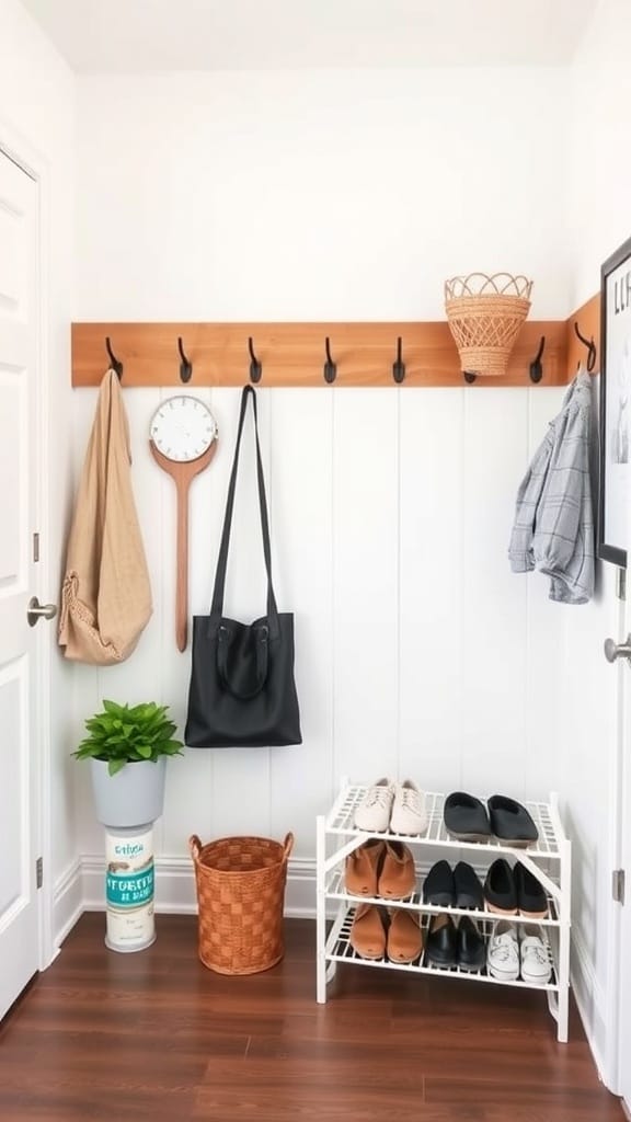 23 Clever and Affordable Organizing on a Budget Tips for a Tidy Home 18 A budget-friendly organized entryway with hooks for bags, a clock, a shoe rack, a plant, and woven baskets.