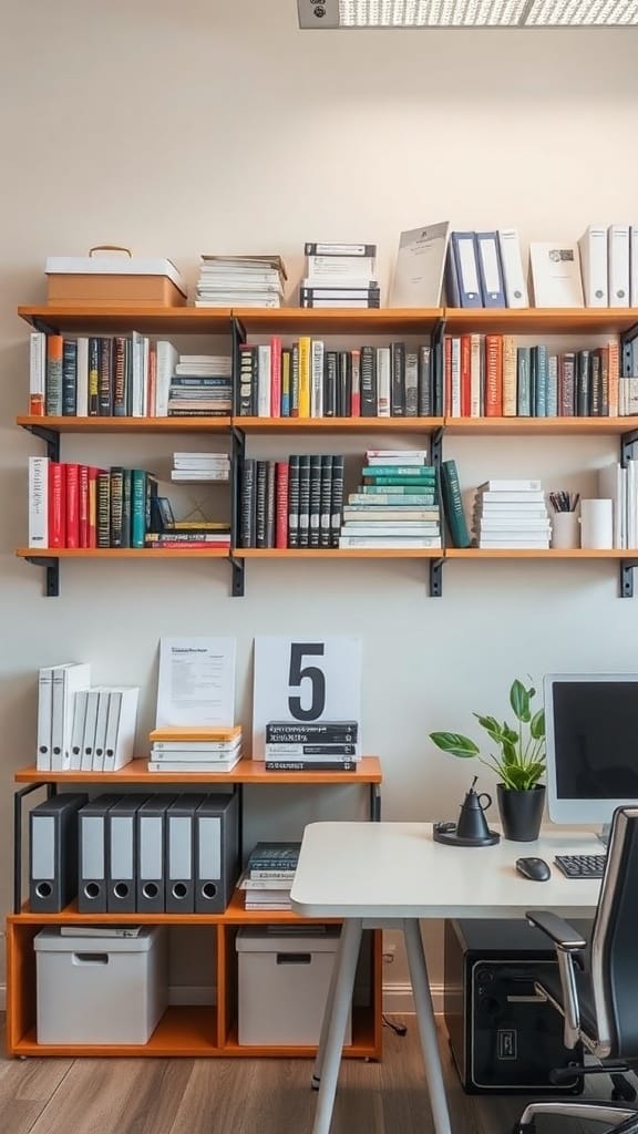 A modern office with wall-mounted shelves filled with books and files, showcasing a clean and organized workspace.