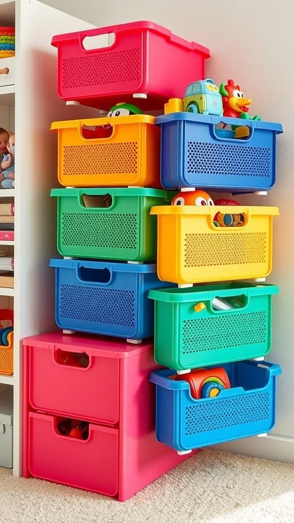 21 Creative Toy Storage Ideas for a Clutter-Free Playroom 11 Colorful stackable toy organizers with various toys inside