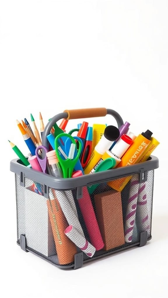 A multi-purpose caddy filled with colorful crafting supplies like markers, scissors, and papers.