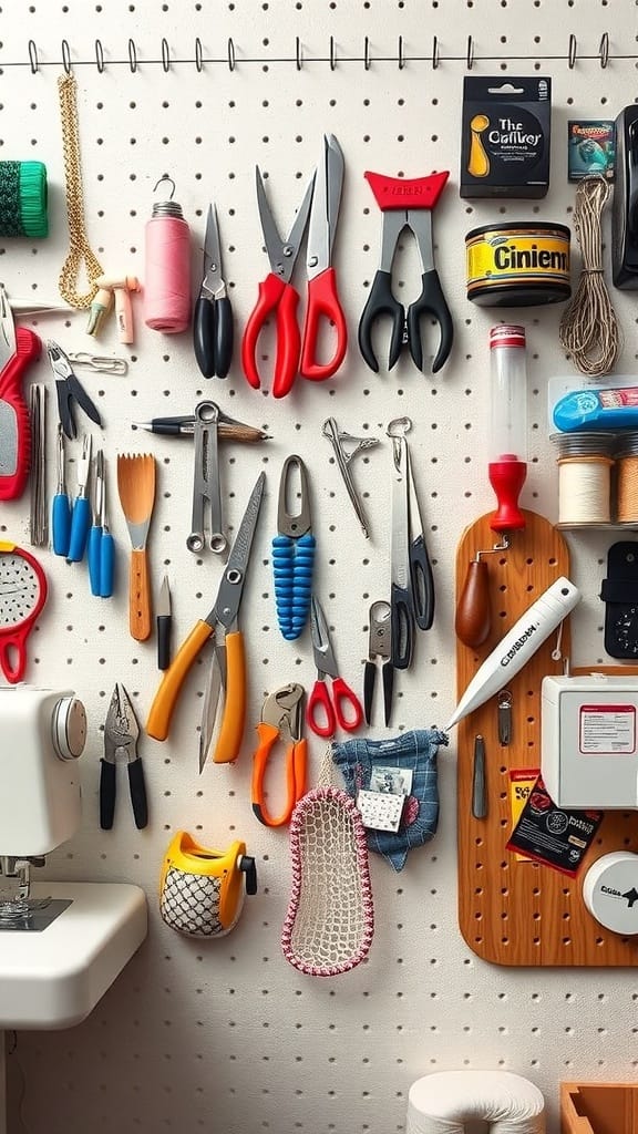 A pegboard filled with various sewing tools, including scissors, pliers, and other supplies, organized for easy access.