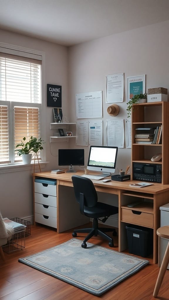 21 Genius Clutter Busting Hacks to Organize Your Home 22 A cozy office space with a desk, computer, plants, and organized shelves.