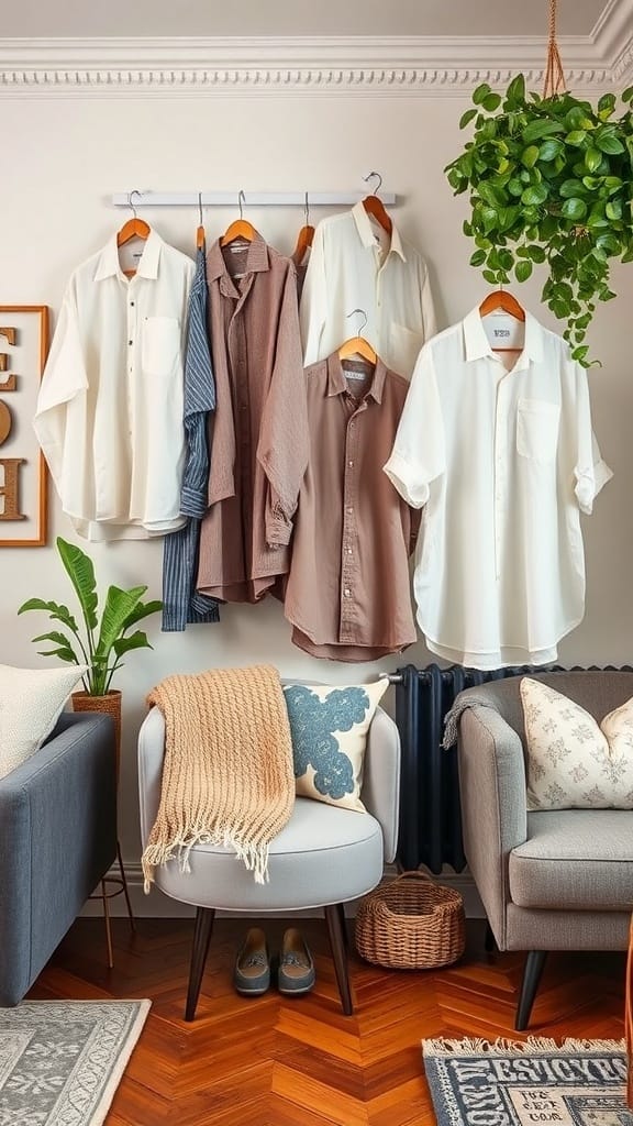 A stylish display of shirts hanging on a rod with a plant in the background, showcasing a neat and organized space.