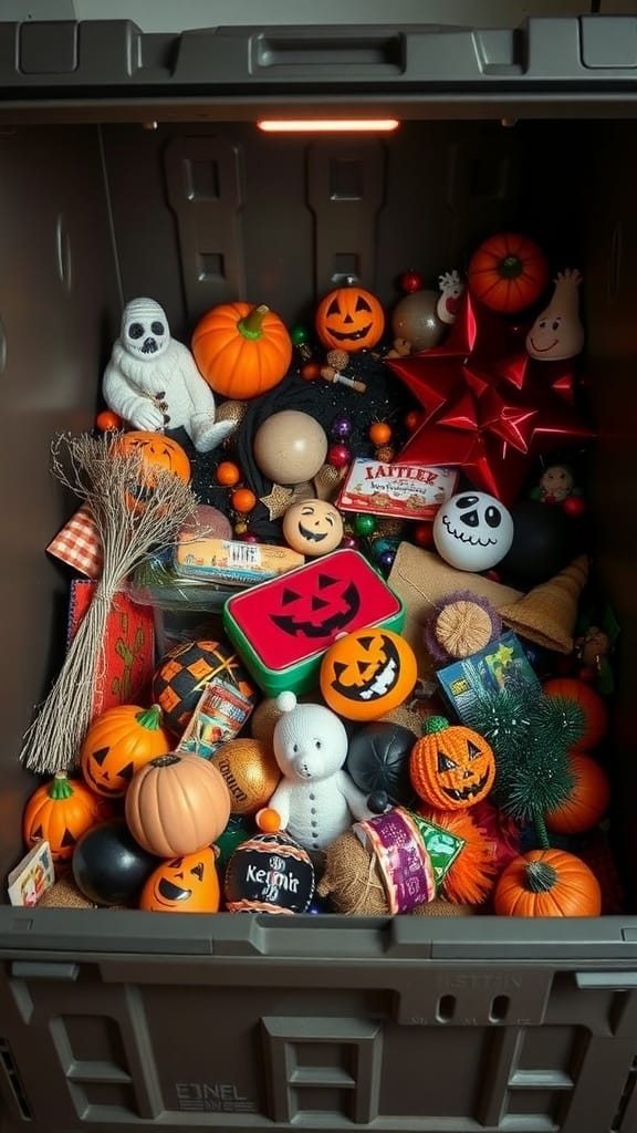 22 Things to Get Rid of for a Clutter-Free Home 11 A cluttered storage bin filled with various seasonal decorations including pumpkins, ghosts, and colorful ornaments.