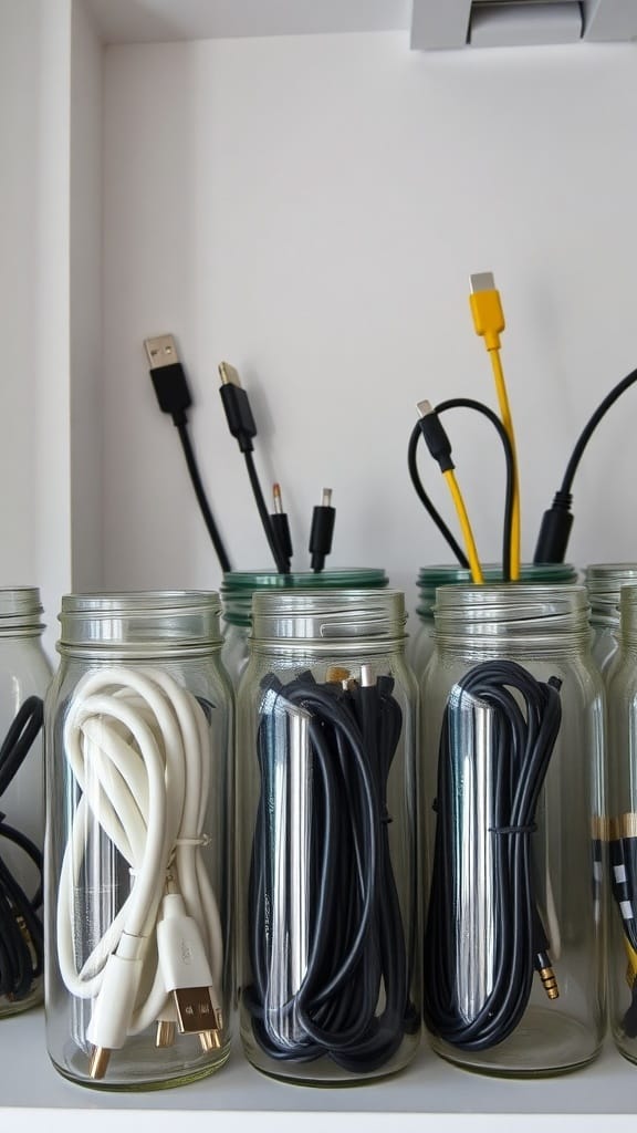 19 Genius Cord and Cable Organization Hacks for a Clutter-Free Space 17 Glass jars filled with various cables for organization