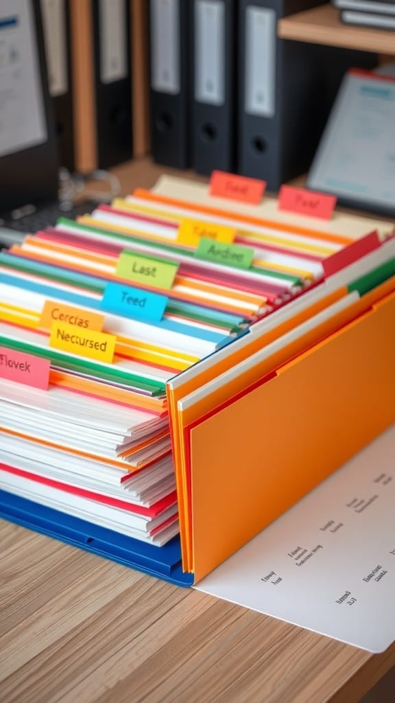 21 Creative Organization Ideas for Your School Office 4 Color-coded document system with labeled folders in a school office