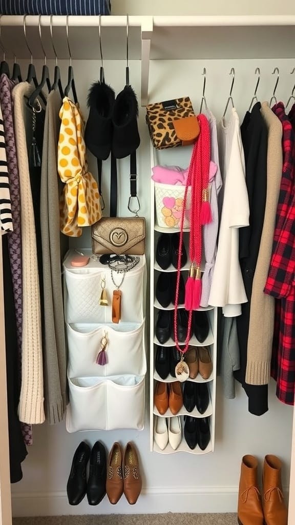 A well-organized closet featuring clothing, shoes, and accessories.
