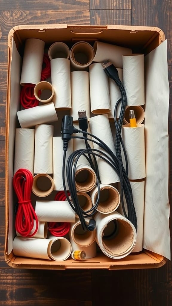19 Genius Cord and Cable Organization Hacks for a Clutter-Free Space 3 A box filled with toilet paper rolls and various cables organized inside.