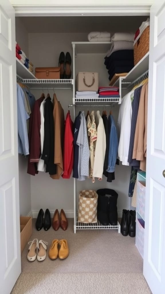 23 Clever and Affordable Organizing on a Budget Tips for a Tidy Home 24 A well-organized closet with clothes on hangers, shoes on the floor, and storage bins.