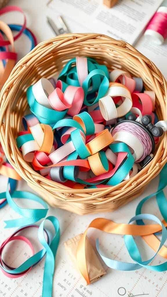Practical Ribbon Organizing Ideas for a More Organized Craft Space (21 Tips) 18 A woven basket filled with colorful ribbons in various shades.