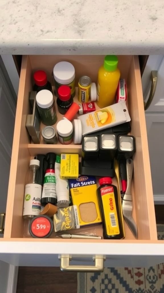 23 Brilliant Kitchen Drawer Organizing Ideas You Need to Try 24 A kitchen drawer filled with various items including spices, condiments, and tools, demonstrating an organized system.