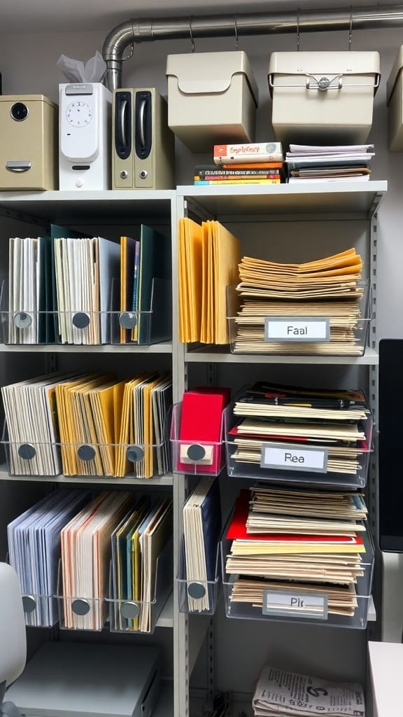 Organized office shelving with hanging file hangers and labeled files