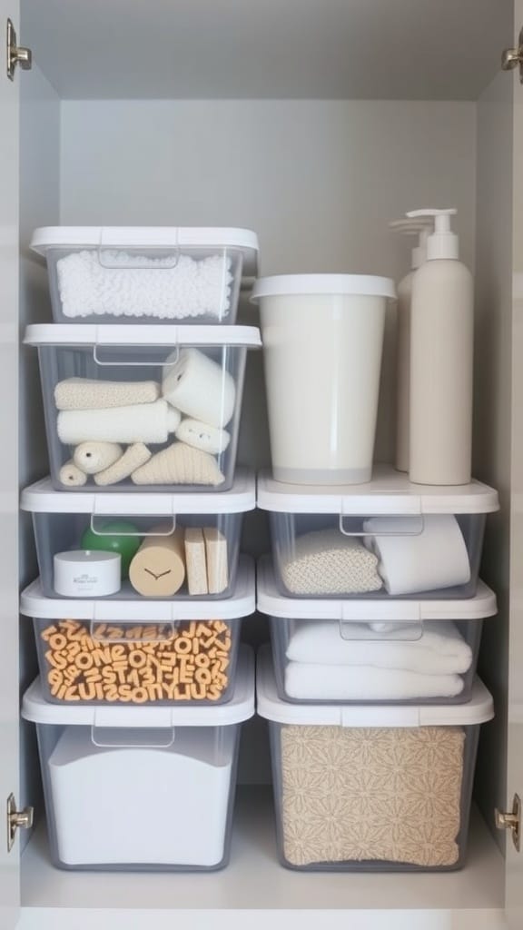 Organized bathroom storage with clear containers displaying towels and toiletries