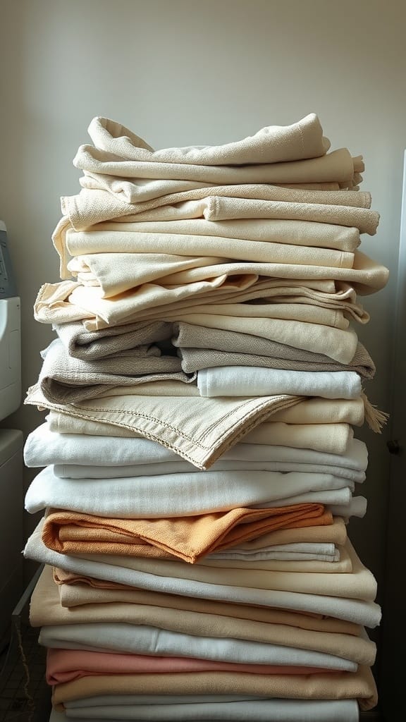 22 Things to Get Rid of for a Clutter-Free Home 13 A stack of old towels and linens in neutral colors