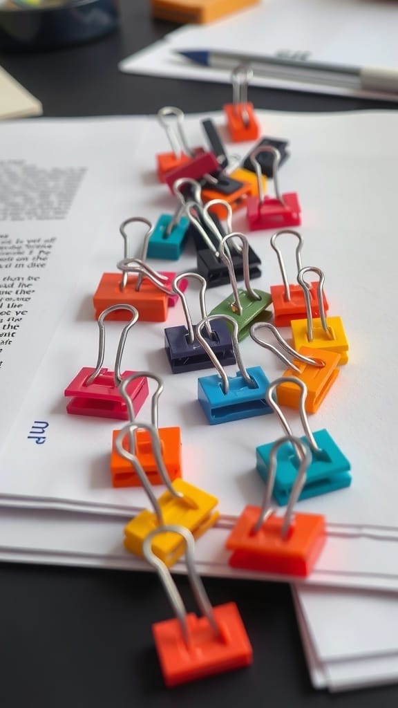 Colorful binder clips holding together sheets of paper on a desk