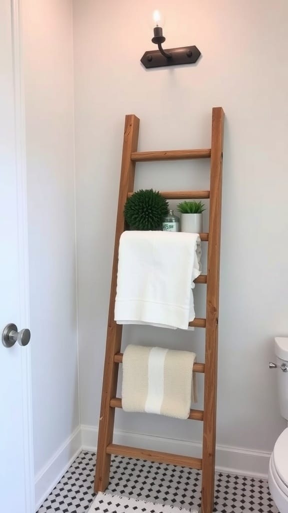 A wooden ladder used as a towel rack in a bathroom, displaying towels and decorative plants.