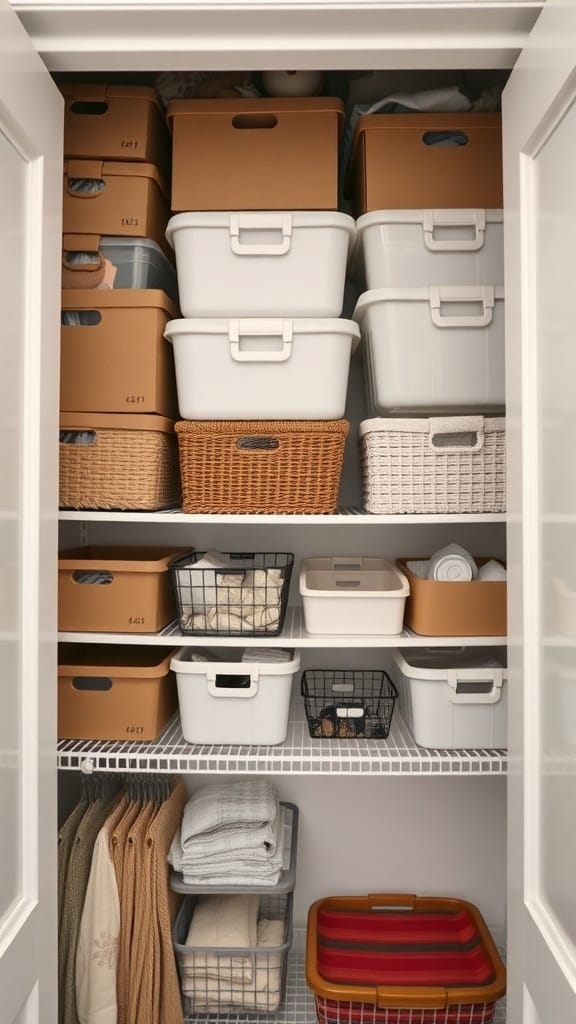 21 Brilliant Linen Closet Organizing Ideas for a Clutter-Free Home 19 Organized linen closet with stacked boxes and baskets