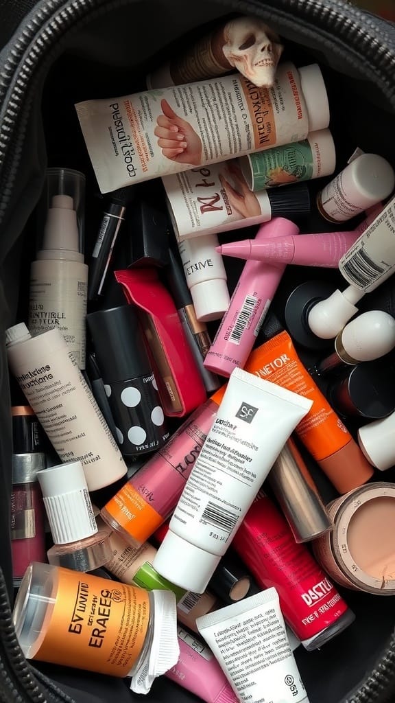 22 Things to Get Rid of for a Clutter-Free Home 17 A cluttered bag filled with various makeup and beauty products.
