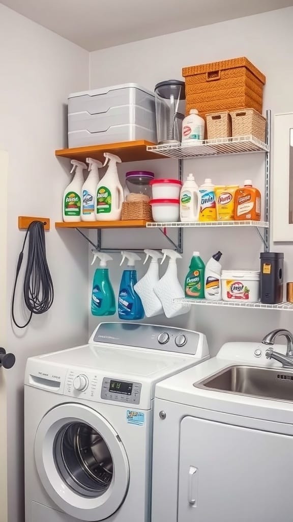 25 Creative Laundry Room Organizing Ideas to Maximize Space 24 Organized laundry room with wall-mounted shelves and cleaning supplies