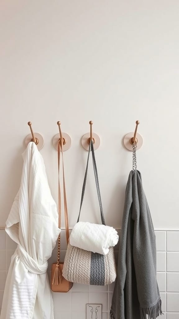 A minimalist bathroom wall with four hooks displaying a robe, towel, bag, and throw.