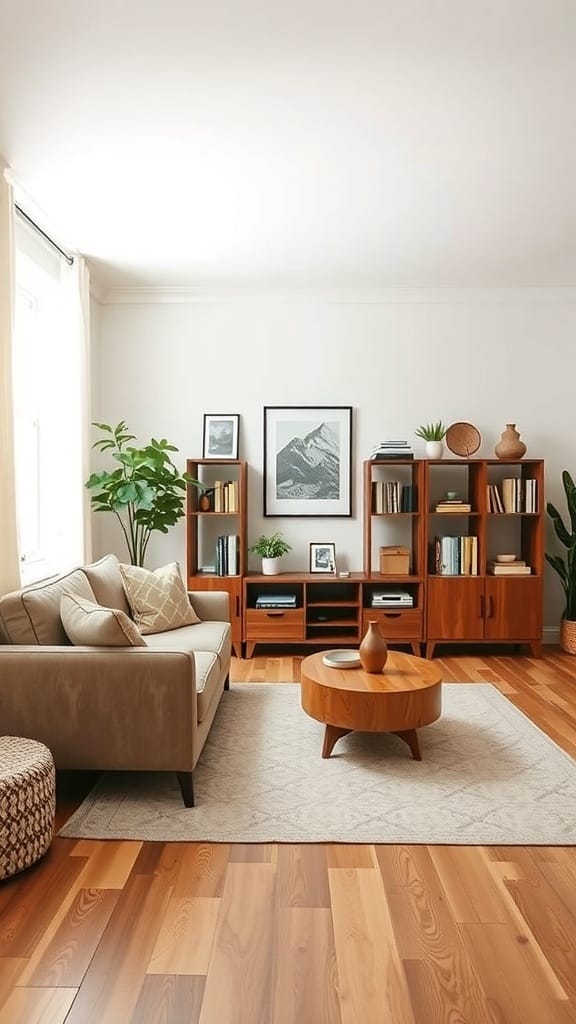 23 Clever and Affordable Organizing on a Budget Tips for a Tidy Home 10 A cozy living room with a sofa, coffee table, and multi-purpose shelving units for storage.