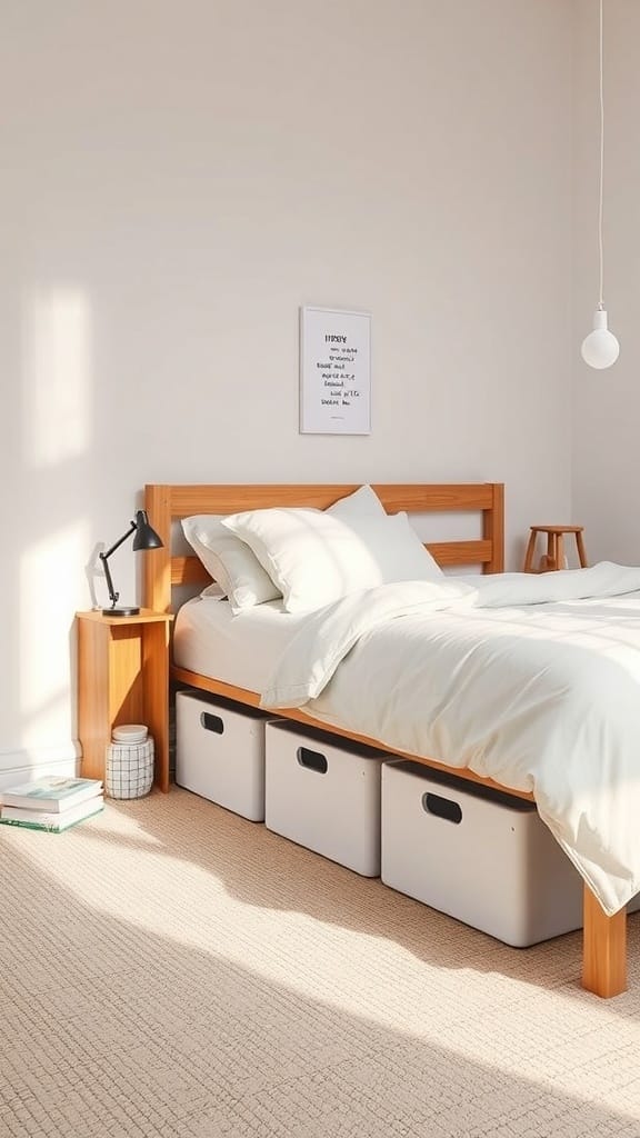 Cozy bedroom with a wooden bed frame and white storage boxes underneath.