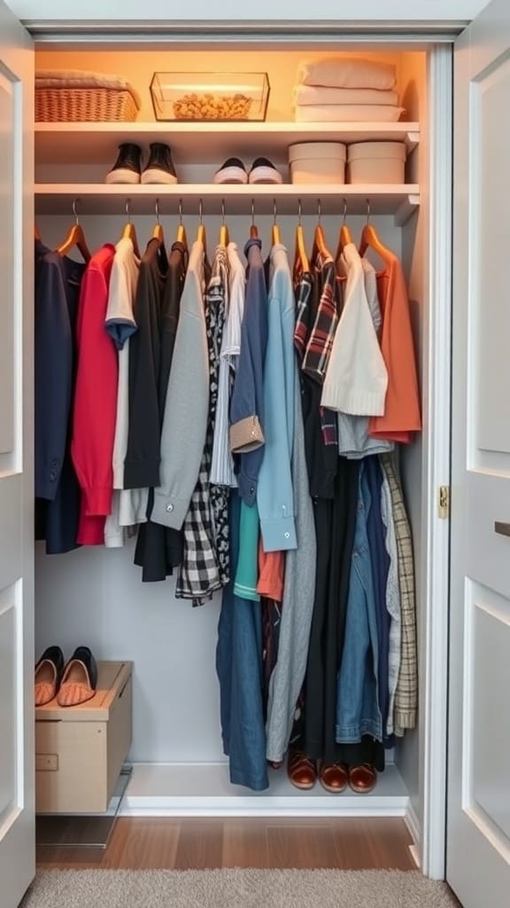 A neatly organized closet with seasonal clothing storage, featuring hung shirts, folded towels, and storage boxes.
