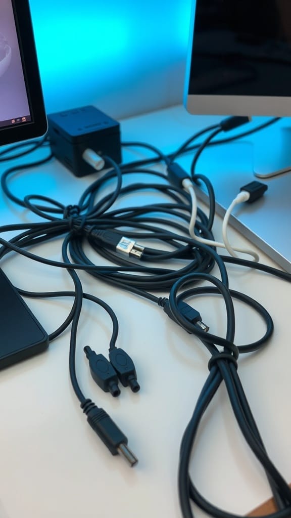 A cluttered workspace with tangled cables around computer monitors.