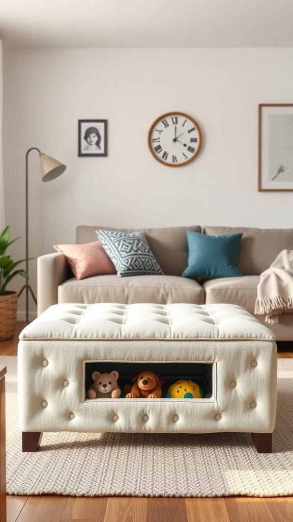 21 Creative Toy Storage Ideas for a Clutter-Free Playroom 12 A stylish storage ottoman in a cozy living room, holding plush toys inside.