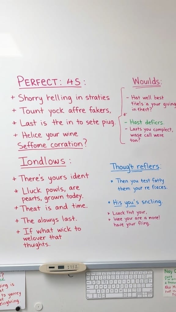 A whiteboard filled with colorful notes and phrases organized into sections for personal reflection.