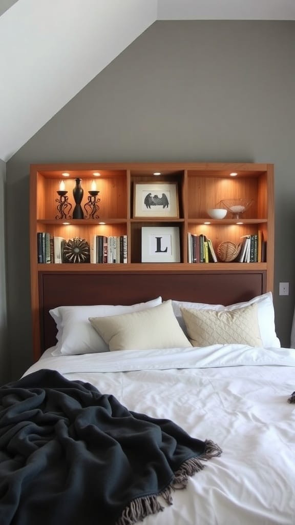 A stylish DIY headboard with shelves, featuring warm wood tones and decorative items.