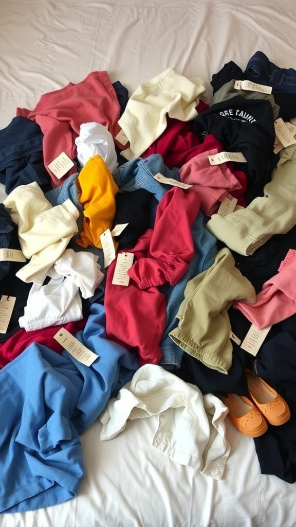 22 Things to Get Rid of for a Clutter-Free Home 3 A colorful assortment of old clothing items with tags, spread out on a bed.