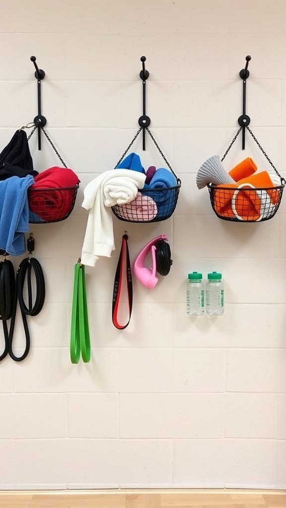 Wall-mounted hanging baskets filled with towels and accessories in a gym setting.