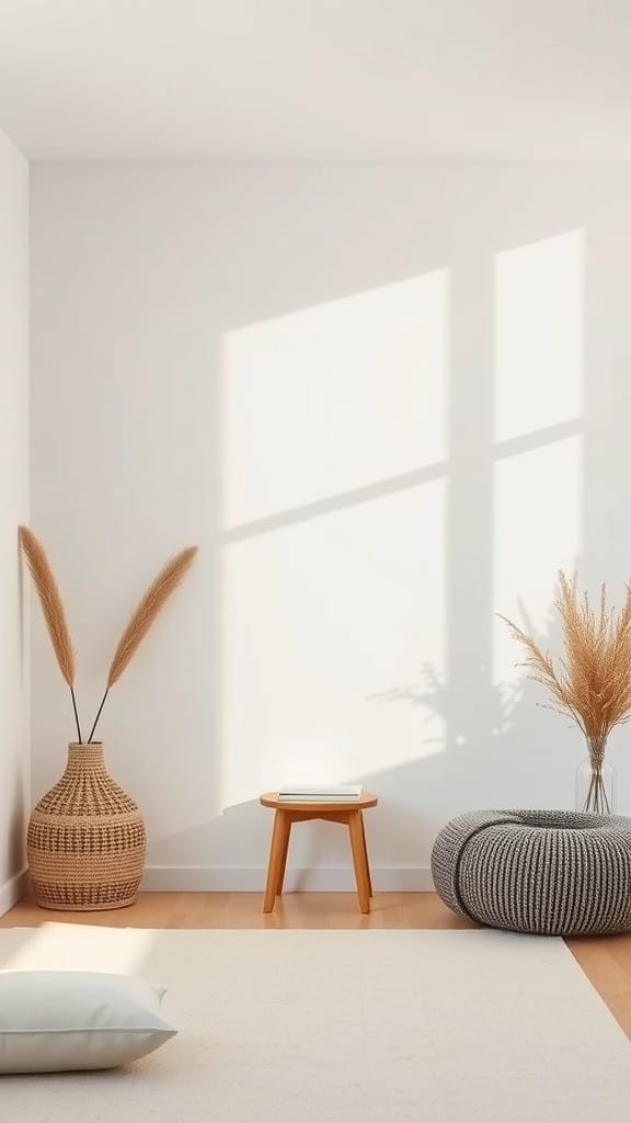 21 Genius Clutter Busting Hacks to Organize Your Home 21 A minimalist room with a small wooden stool, a woven basket, and decorative plants, showcasing a clean and serene environment.