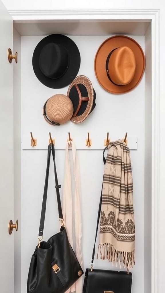 A closet with hats and bags organized on hooks and racks