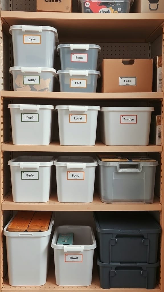 A neatly organized shelving unit with labeled bins for easy access.