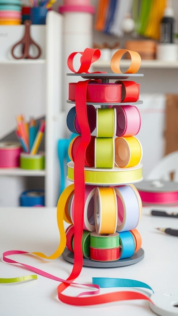 Practical Ribbon Organizing Ideas for a More Organized Craft Space (21 Tips) 3 A colorful tiered ribbon dispenser with various ribbons stacked neatly.