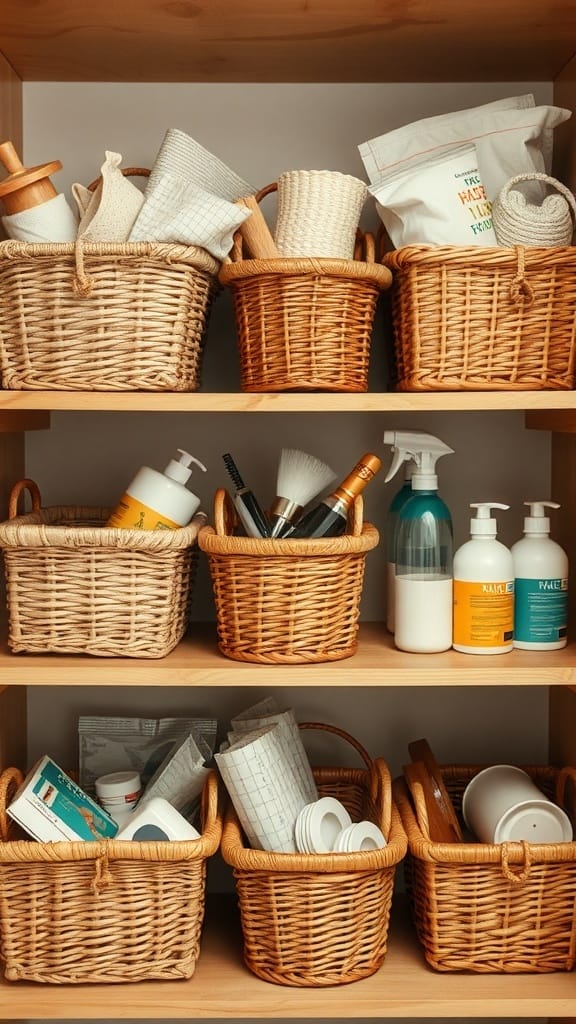 Dollar Store Organization Hacks That Actually Work: 23 Smart Storage Ideas 16 A shelf with neatly arranged woven baskets containing various household items.