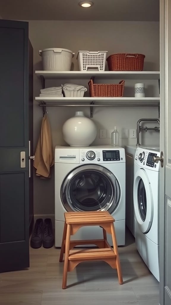 25 Creative Laundry Room Organizing Ideas to Maximize Space 21 A cozy laundry room featuring a step stool for high shelves.