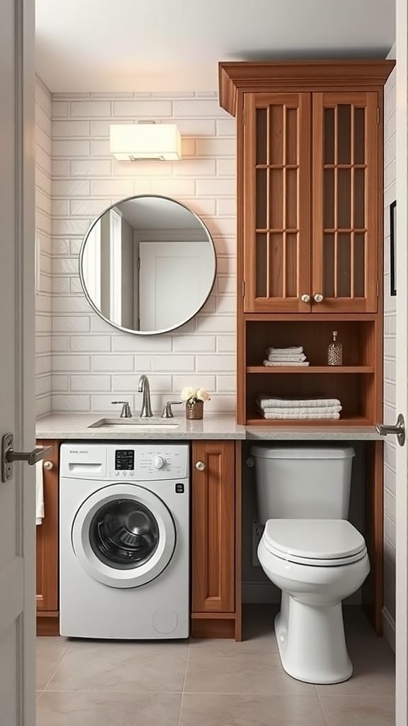 21 Clever Hidden Storage Ideas for a Clutter-Free Home 11 A compact laundry area featuring a washing machine, toilet, and wooden cabinetry with storage.
