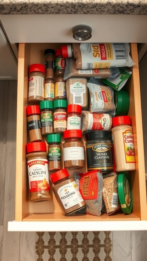 23 Brilliant Kitchen Drawer Organizing Ideas You Need to Try 17 A kitchen drawer filled with various spice containers, organized for easy access.