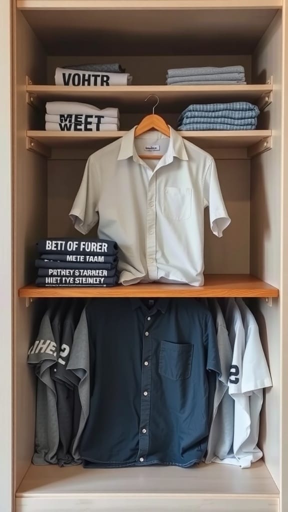 A neatly organized closet with folded and hung shirts, showcasing sustainable storage options.