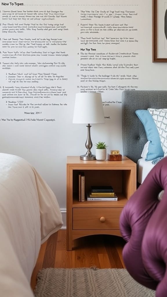 A simple wooden nightstand with a lamp and books on top, next to a bed.